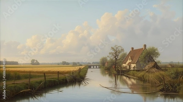 Fototapeta Peaceful dutch canal scene with farmhouse and fields