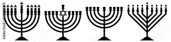 Fototapeta Menorah silhouette set. Traditional candlestick empty and with burning candles. Flat vector illustration isolated on white background.