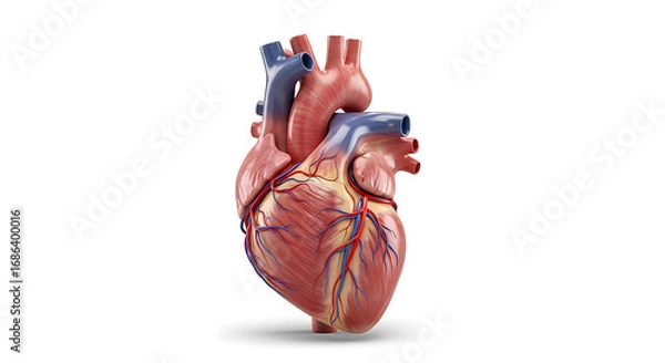 Obraz Realistic 3d rendering of the human heart, showing chambers, valves, and major blood vessels, isolated on white background