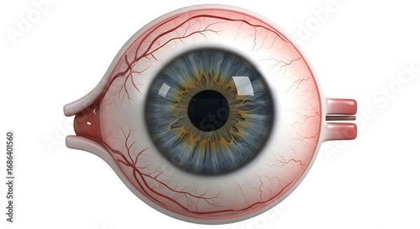 Obraz Closeup view of a human eye with visible blood vessels isolated on white background
