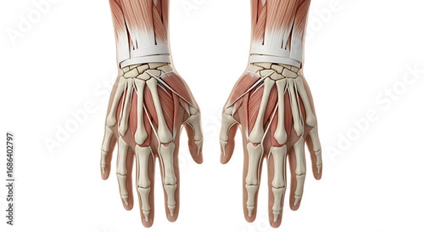 Obraz Anatomical illustration of human hand muscles and bones, isolated on white background