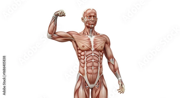 Obraz Anatomical illustration of the muscular system of a man flexing arm isolated on white background