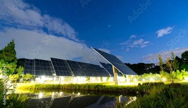 Fototapeta Solar panels at night, reflected in a pond