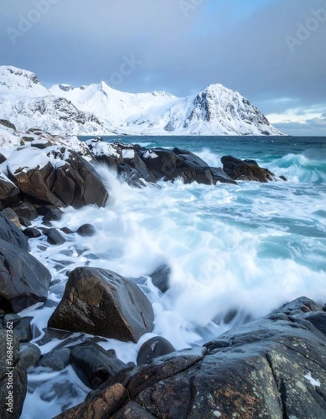 Fototapeta Dramatic coastal scene with crashing waves and snow-capped mountains