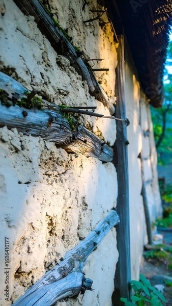 Fototapeta Aged stucco wall with wooden beams
