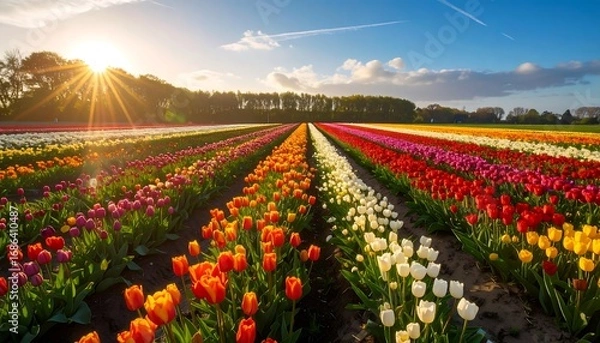 Fototapeta Colorful tulip fields at sunset (1)