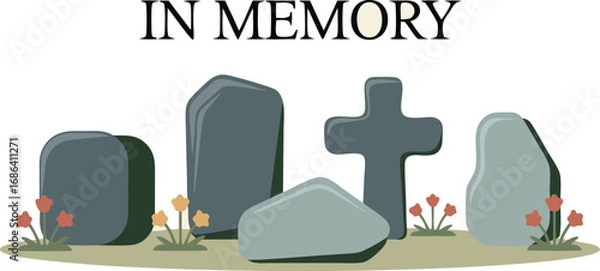 Fototapeta Cartoon Cemetery with Tombstones, Cross, Flowers, and In Memory Text Overlay