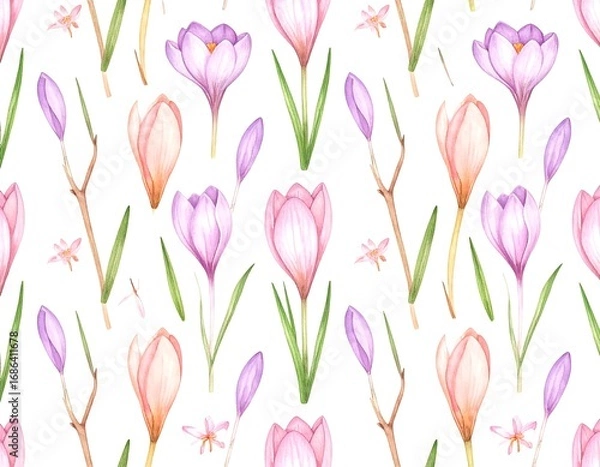 Fototapeta Watercolor spring crocus seamless pattern