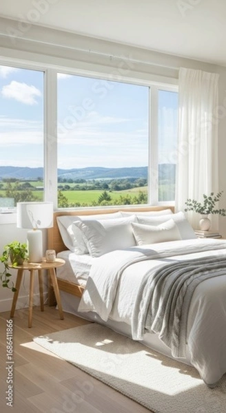 Obraz Bright and serene bedroom with a large window overlooking a scenic green landscape, featuring a minimalist bed, natural light, and modern decor.