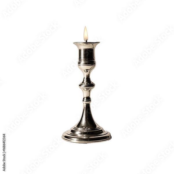 Fototapeta A single, polished silver candleholder with a flickering flame