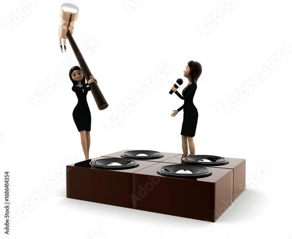 Obraz 3d woman destroy music speaker with big hammer concept