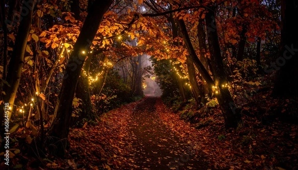 Fototapeta Autumnal forest path at dusk