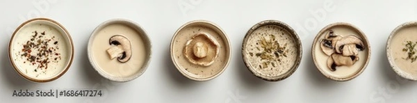 Obraz Small, round bowls of creamy mushroom soup, various toppings