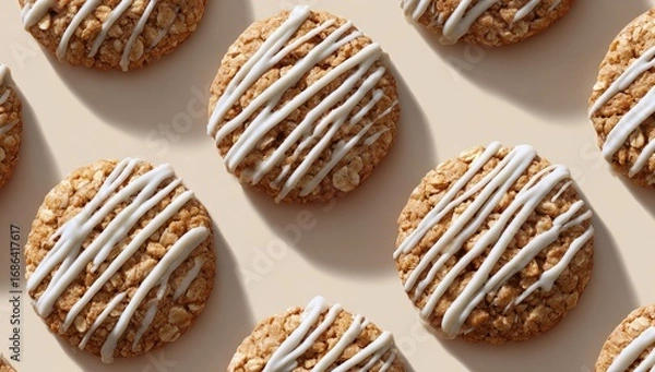Fototapeta Oatmeal cookies, drizzled with white icing, arranged in a grid pattern on a beige background