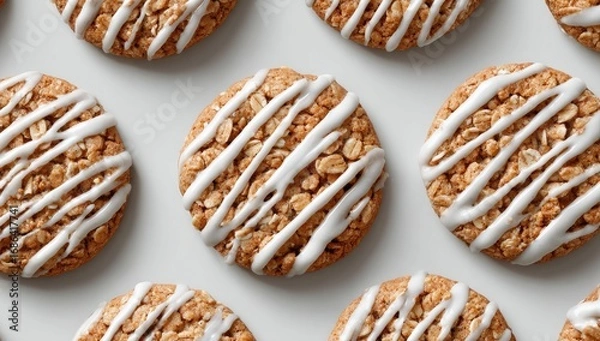 Fototapeta Oatmeal cookies, drizzled with white icing, arranged in a grid pattern on a light gray surface
