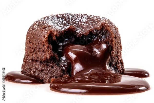 Fototapeta A molten chocolate cake, dusted with powdered sugar, drips with molten chocolate