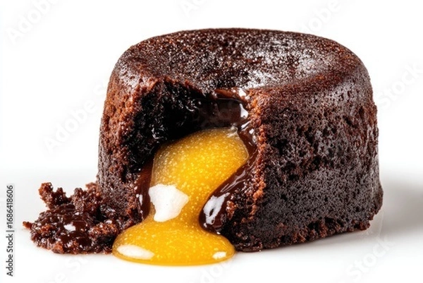 Fototapeta Close-up of a decadent chocolate lava cake.  A portion bitten into reveals a molten, golden-yellow center