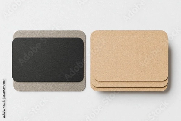 Fototapeta Two stacks of blank business cards, one black, one beige, on a white background