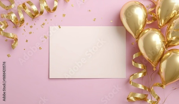 Fototapeta Blank invitation card amidst gold balloons and streamers on a pink background