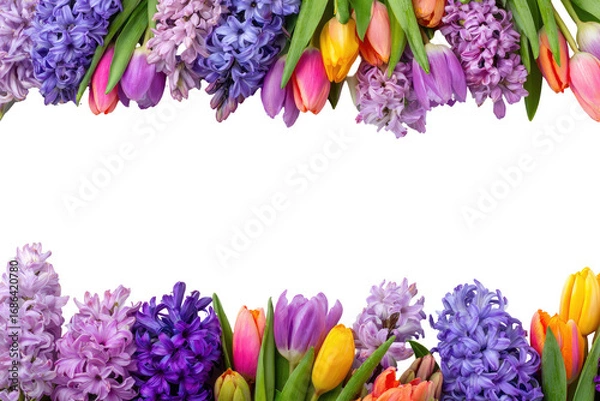 Fototapeta Colorful spring flowers in vibrant hues of purple, pink, orange, and yellow, arranged in a symmetrical border around a black background.  Fresh tulips and hyacinths are prominently featured