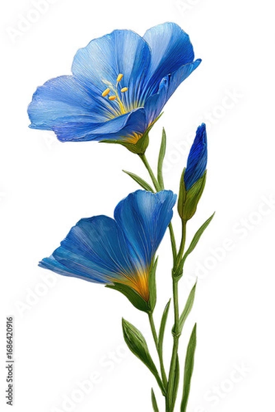Fototapeta Vibrant blue flax flowers in close-up.  Two blossoms, light blue, with delicate lines, and a light golden throat, sit atop a green stem.  Small buds are emerging