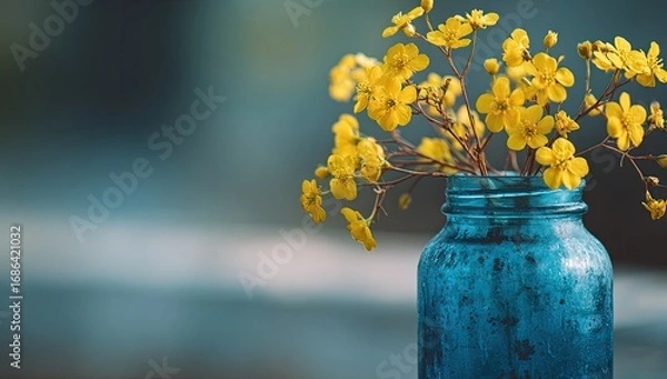 Obraz A close-up of small, bright yellow flowers in a vintage blue glass jar. Soft focus background
