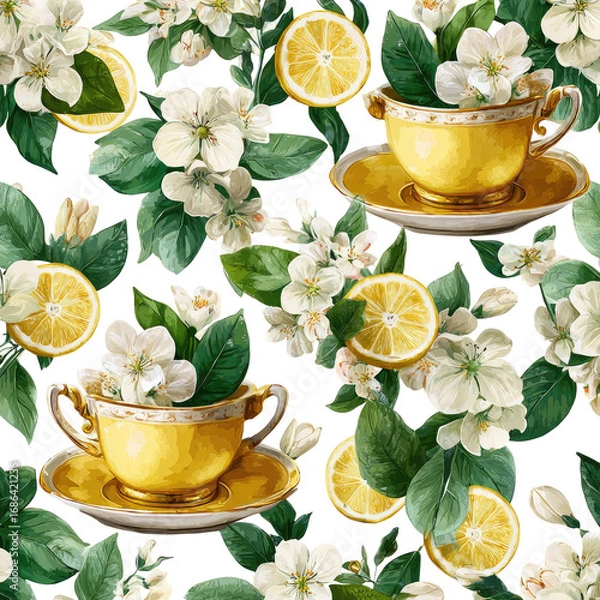 Fototapeta Floral teacups and lemons, repeating pattern (1)