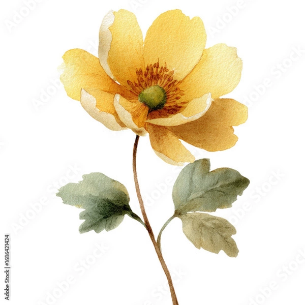 Fototapeta Close-up of a single, vibrant yellow flower with delicate green leaves