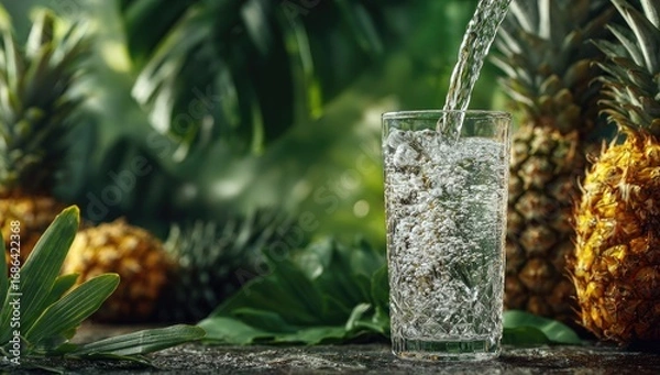 Obraz Refreshing drink poured into a glass, surrounded by pineapples and tropical foliage