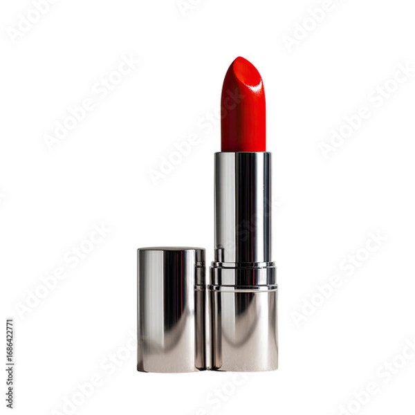Fototapeta Close-up of a vibrant red lipstick in a chrome-colored tube, open and closed cap beside