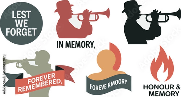 Fototapeta Lest We Forget, In Memory, Honour, Silhouette Trumpeters and Flame Representing Remembrance and Memorials