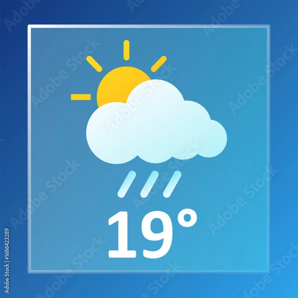 Fototapeta Partly rainy icon. Cloud with sun above rain lines on blue background with temperature 19 and label partlyrainy in white bold text.