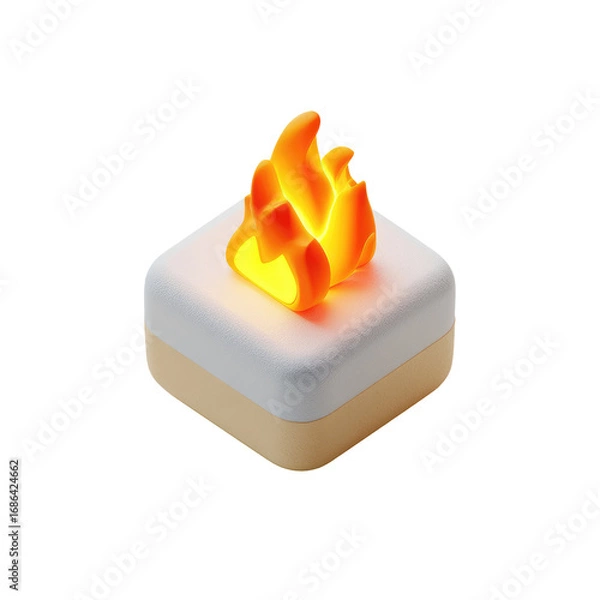 Fototapeta 3D icon of a burning square block.  Bright orange flames rise from a light beige/tan and white cube