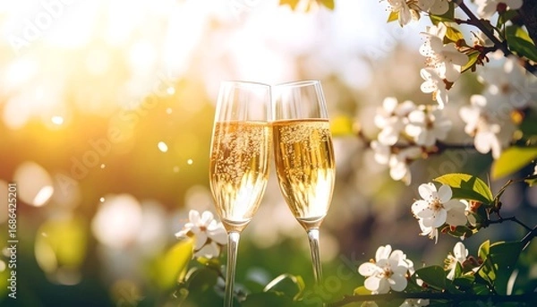 Fototapeta Two champagne flutes in spring blossoms