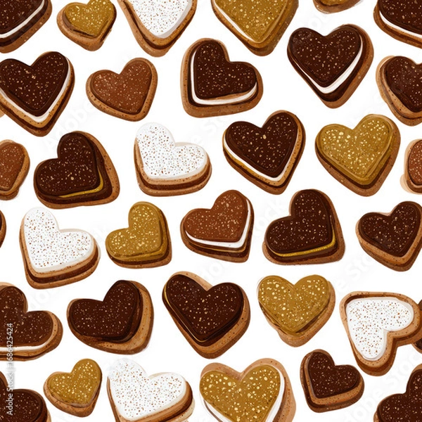 Fototapeta Heart-shaped cookies in a repeating pattern, various shades of brown and white, with a slightly textured appearance