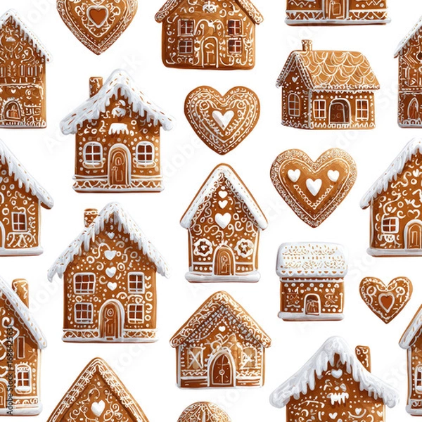 Fototapeta Gingerbread houses and hearts, festive pattern (1)