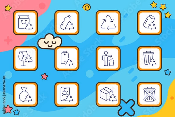 Fototapeta Recycle icon set. Icons illustrate recyclable materials including bottles, cans, glass, bags, batteries, phones, and bins with circular arrows in outlined style over a colorful background.