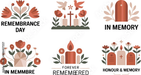 Fototapeta Remembrance Day and Memorial Design Elements Featuring Flowers, Candles, Crosses, and Peaceful Doves Graphics