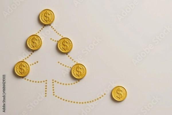 Fototapeta Gold coins arranged as a festive garland with dotted lines on clean background and space for text, creative holiday finance and discount concept for advertising visuals