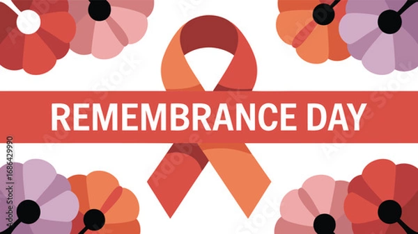 Fototapeta Remembrance Day Design Featuring Ribbon and Poppy Flowers, Isolated on White Background