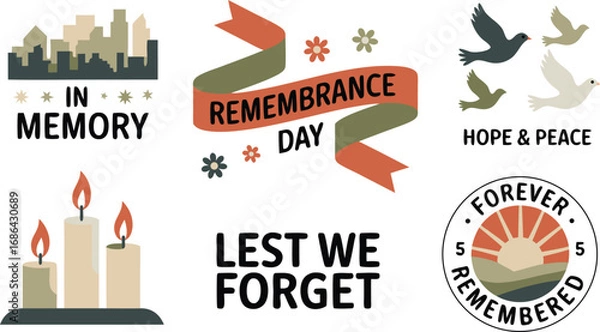 Fototapeta Remembrance Day Elements Featuring Candles, Doves, Ribbon Banner, In Memory Text, Flowers, and Landscape Icon