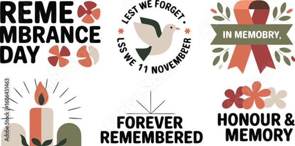 Fototapeta Remembrance Day Featuring Poppies, Dove, Ribbon, Candle, and Text Designs for Honor and Memory