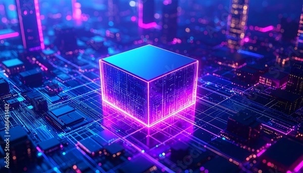 Fototapeta Futuristic city circuit board with glowing cube