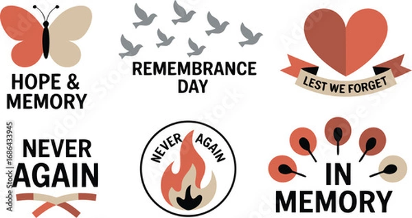 Fototapeta Remembrance Day Graphics Featuring Butterfly, Doves, Heart, Flame, and Poppy Symbols Hope, Memory, and Never Again