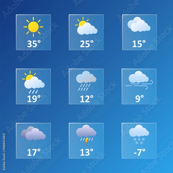Fototapeta Weather forecast icon set. Flat square symbols for sunny, cloudy, rainy, windy, snowy, overcast, thunderstorm, and mixed conditions with temperatures on a blue gradient background.