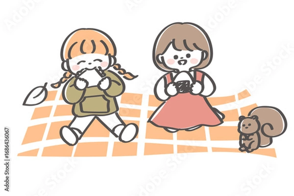 Fototapeta ピクニックをしている女の子たちのかわいいイラスト