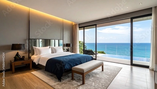 Fototapeta Luxurious bedroom with ocean view (1)