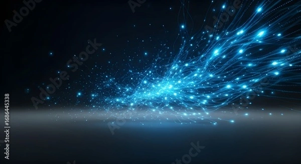 Fototapeta Abstract blue light streaks explode across a dark background, resembling digital energy or cosmic dust.