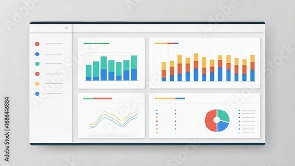Obraz Digital dashboard displaying various colorful charts and graphs for data analysis and visualization.