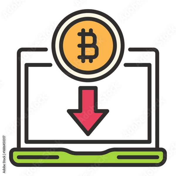 Fototapeta BTC with Laptop vector Investing in Bitcoin colored icon or symbol